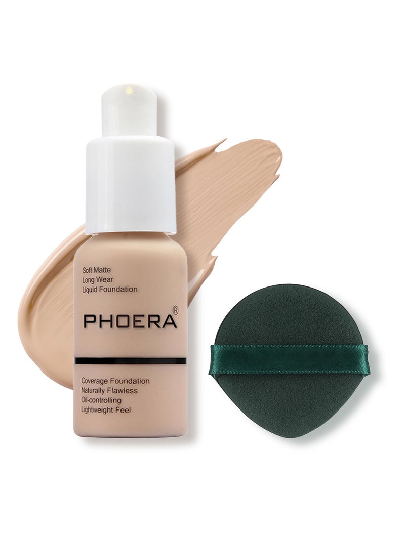 Phoera فوندشن مكياج PHOERA، فوندشن سائل مات ناعم خالي من اللمعان، تغطية كاملة مع خافي عيوب للتحكم في الزيت للنساء الأكبر سناً، خيار رائع كهدية (#102 نود) - Image 1